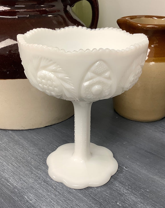 Scallop footed stemmed cup, milk glass