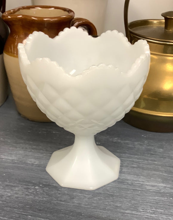 Diamond Scalloped pedestal cup, milk glass