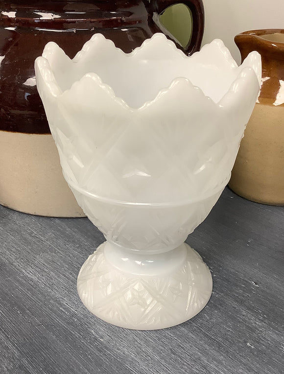 Diamond pedestal cup, milk glass