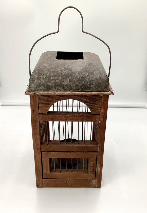 Aged Wooden Caged Candle Holder