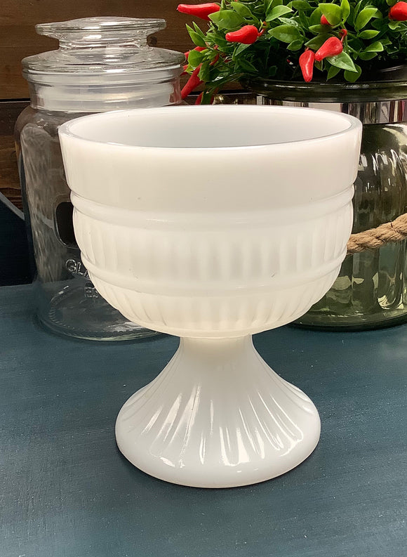 Ribbed pedestal cup, milk glass