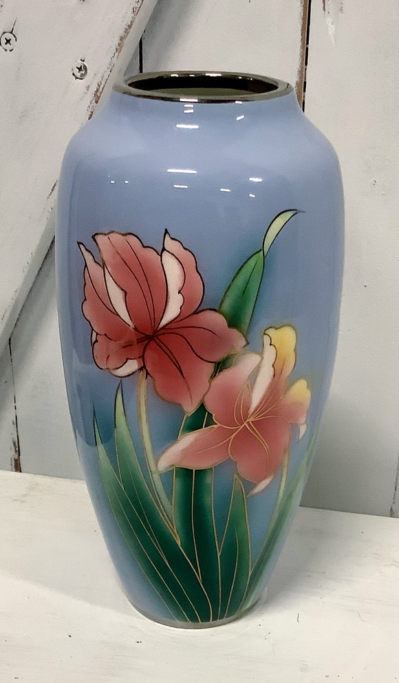 Blue floral glass vase