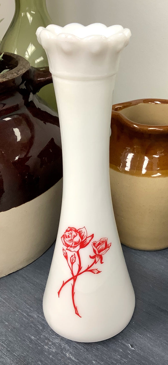 Red Rose vase, milk glass
